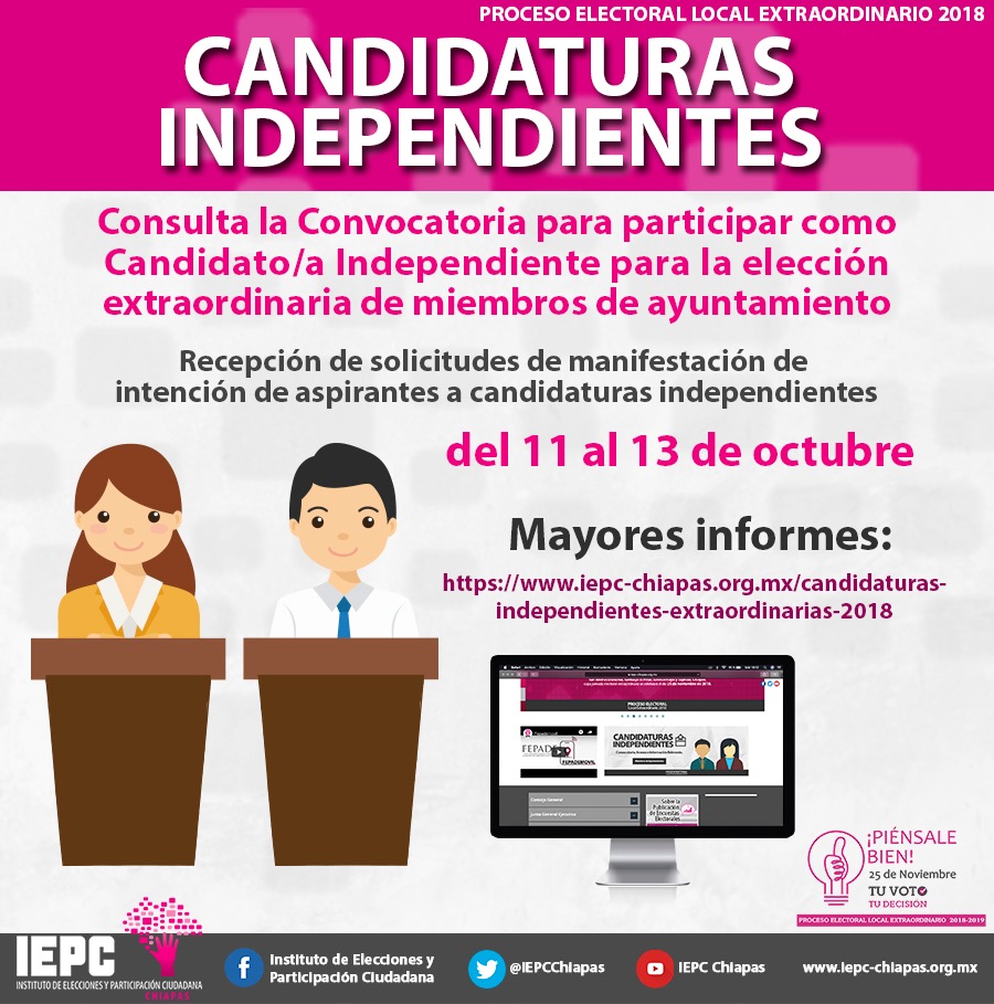 Convoca IEPC a participar con candidaturas independientes en 10 municipios expresochiapas