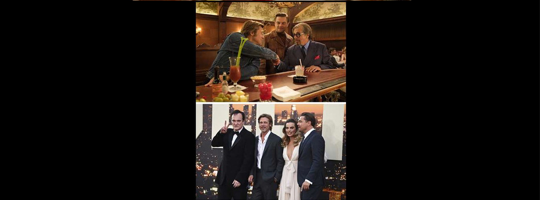 Arriba, Brad Pitt, Leonardo DiCaprio y Al Pacino, en una escena del filme. Abajo, Quentin Tarantino, acompañado por los dos actores y Margot Robbie en la función de estreno, en Los Ángeles. Fot/ Ap