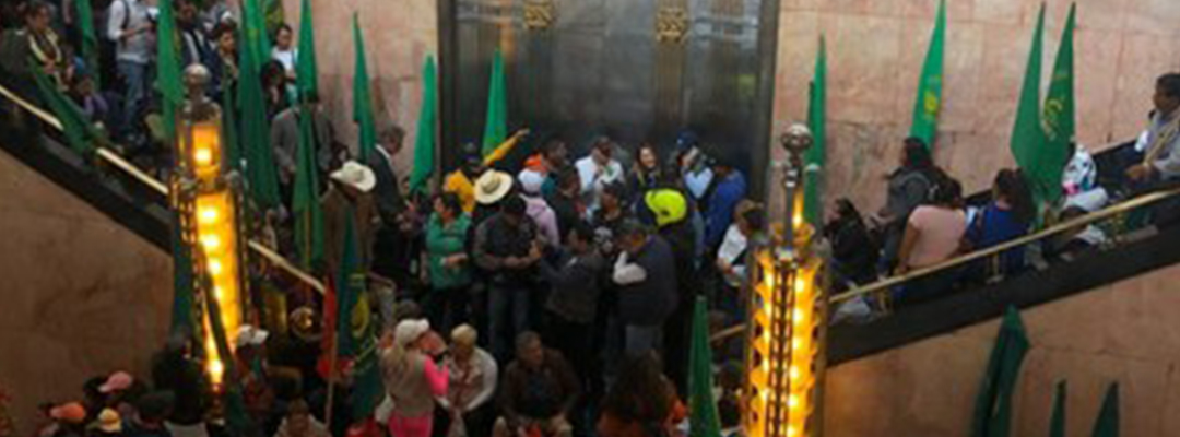 Campesinos de la UNTA toman el recinto de Bellas Artes en protesta por un cuadro en la exposición "Emiliano Zapata después de Zapata" que se exhibe en una de las salas. Foto Alfredo Domínguez