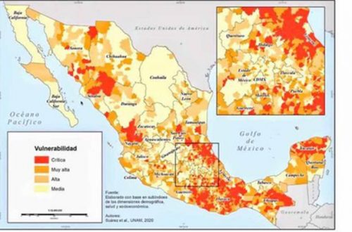 El Instituto de Geografía de la UNAM presentó el Índice de Vulnerabilidad en México ante la Covid-19, en las 59 zonas metropolitanas que existen en el país. Imagen tomada de @IGeografiaUNAM