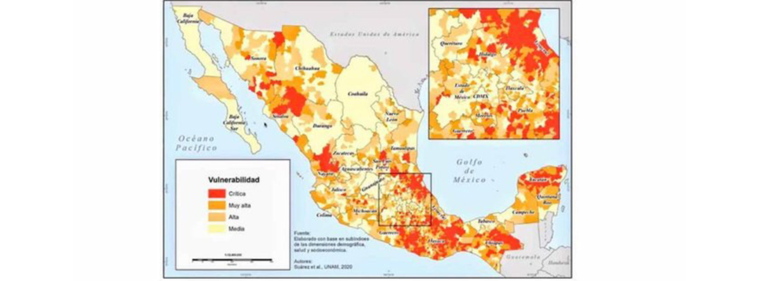 El Instituto de Geografía de la UNAM presentó el Índice de Vulnerabilidad en México ante la Covid-19, en las 59 zonas metropolitanas que existen en el país. Imagen tomada de @IGeografiaUNAM