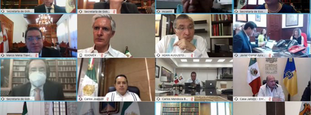 Gobernadores y autoridades del gobierno federal, en reunión virtual, para hablar sobre el plan de reactivación. Imagen tomada de @alfredodelmazo