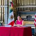 La embajadora de México en EU, Martha Bárcena, ofreció una conferencia en la que abordó el resultado de la visita a Washington del presidente López Obrador. Foto difundida en el Twitter de @EmbamexEUA