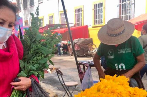 Un hombre vende flor de calabaza en el pueblo de Santiago Tepalcatlalpan, en la alcaldía Xochimilco, Ciudad de México. Foto Luis Castillo