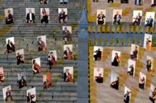 Desde sus viviendas, los músicos de la Orquesta Sinfónica de la Universidad de Guanajuato grabaron su interpretación de la quinta sinfonía de Beethoven; luego, se hizo una edición digital que se transmitió de forma virtual a través de pantallas colocadas en las escalinatas de la casa de estudios. Foto cortesía FIC.