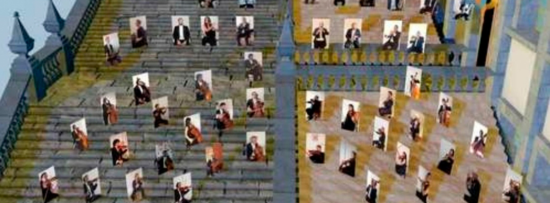 Desde sus viviendas, los músicos de la Orquesta Sinfónica de la Universidad de Guanajuato grabaron su interpretación de la quinta sinfonía de Beethoven; luego, se hizo una edición digital que se transmitió de forma virtual a través de pantallas colocadas en las escalinatas de la casa de estudios. Foto cortesía FIC.
