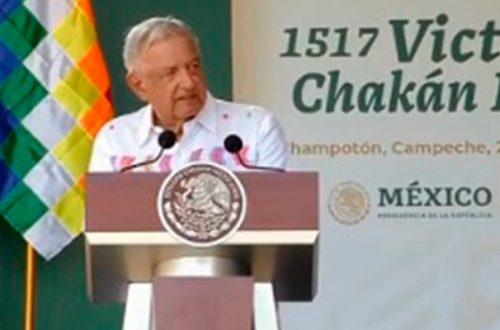 El presidente López Obrador conmemoró en Champotón, Campeche, los 504 años del día de la Victoria (Chakán Putun), conocido también como el día de la “mala pelea”. Foto tomada de la transmisión en vivo