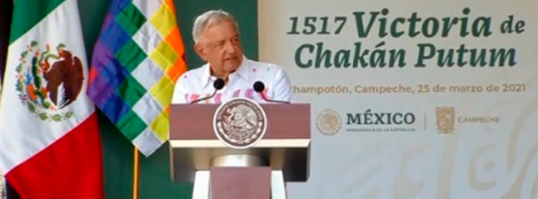 El presidente López Obrador conmemoró en Champotón, Campeche, los 504 años del día de la Victoria (Chakán Putun), conocido también como el día de la “mala pelea”. Foto tomada de la transmisión en vivo