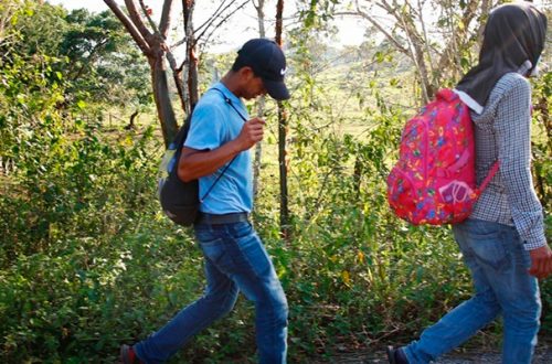 Migrantes caminan por la carretera que comunica la comunidad de Frontera Corozal con Palenque a Chiapas. Foto Víctor Camacho