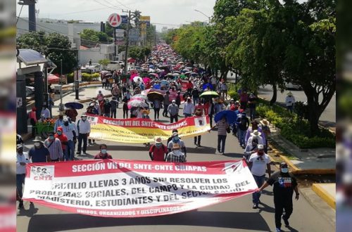 Protesta de maestros de la Sección 7 del SNTE, adherida la CNTE, en Tuxtla Gutiérrez, Chiapas, el 1 de junio de 2021. Foto cortesía Coordinadora Nacional de Trabajadores de la Educación