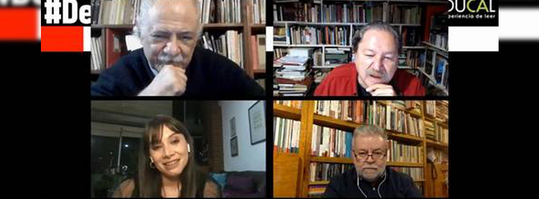 En la transmisión del miércoles participaron Eduardo Monteverde, Taibo II, Rocío Martínez, Andrés Ruiz (en la imagen, en el orden de costumbre), Francisco Pérez Arce y Pedro Salmerón. Foto Captura de pantalla