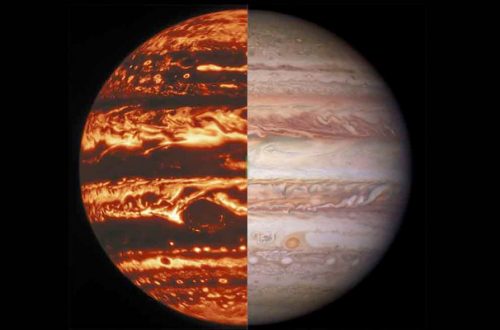La apariencia de bandas de Júpiter es creada por la “capa meteorológica” que forma las nubes. Esta imagen compuesta muestra vistas de Júpiter en luz infrarroja y visible. | Foto: Observatorio Internacional Gemini / NOIRLab / NSF / AURA / NASA / ESA, MH Wong e I. de Pater (UC Berkeley) et al.