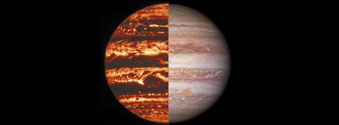 La apariencia de bandas de Júpiter es creada por la “capa meteorológica” que forma las nubes. Esta imagen compuesta muestra vistas de Júpiter en luz infrarroja y visible. | Foto: Observatorio Internacional Gemini / NOIRLab / NSF / AURA / NASA / ESA, MH Wong e I. de Pater (UC Berkeley) et al.
