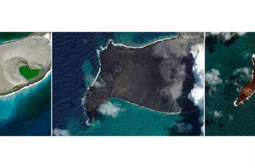Una combinación de imágenes de satélite de la parte oeste de la isla del volcán Hunga Tonga-Hunga Haapai antes de la erupción (izquierda), al arrojar cenizas y humo (en medio) y tres días después de la masiva erupción que destruyó la mayor parte de la isla el 15 de enero pasado. Foto Afp