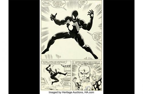 La página de tres viñetas de Mike Zeck presenta la primera aparición del traje de simbionte negro Spidey que luego conduciría a la creación del "supervillano" Venom. Foto Ap