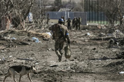 Un militar ucranio camina en el pueblo de Mala Rogan, al este de Járkov, después de que las tropas retomaron el control de la zona, el 28 de marzo de 2022. Foto Afp