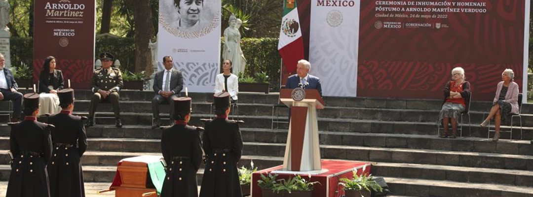 El presidente Andrés Manuel López Obrador durante el homenaje póstumo a Arnoldo Martínez Verdugo en la Rotonda de las Personas Ilustres, en la Ciudad de México, el 24 de mayo de 2022. Foto José Antonio López