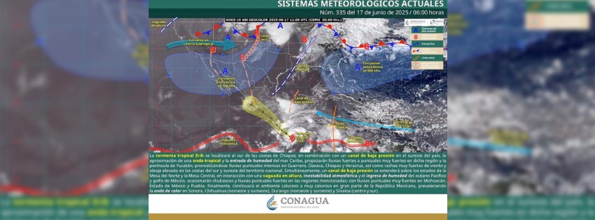 Pie de Foto.- El SMN informó que la tormenta provocará rachas de viento de 50 a 70 kilómetros por hora y el oleaje de 2.5 a 3.5 metros de altura en costas de Oaxaca y Chiapas. Imagen tomada de @conagua_clima