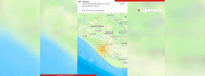 Pie de Foto.- El movimiento ocurrió hacia las 14:06 horas con epicentro a 12 kilómetros del municipio de Huixtla, en la región Soconusco de la entidad. Imagen https://x.com/SkyAlertMx