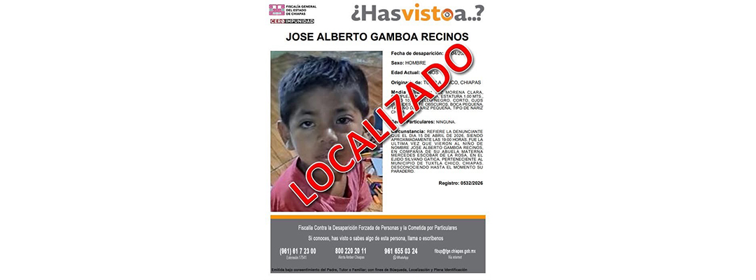 Localiza FGE a niño en Tuxtla Chico